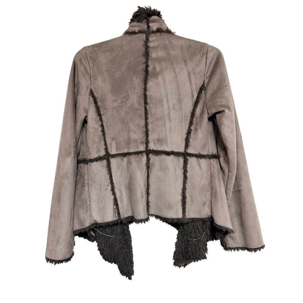 Fever Faux Fur Open Front Jacket L Brown Sherpa Lined Asymmetrical Hem Cozy - Picture 4 of 11